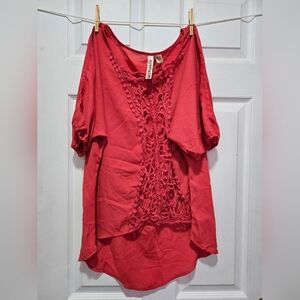 Eyeshadow Watermelon 1/2 Sleeve Sheer Lace Detail Tunic / L